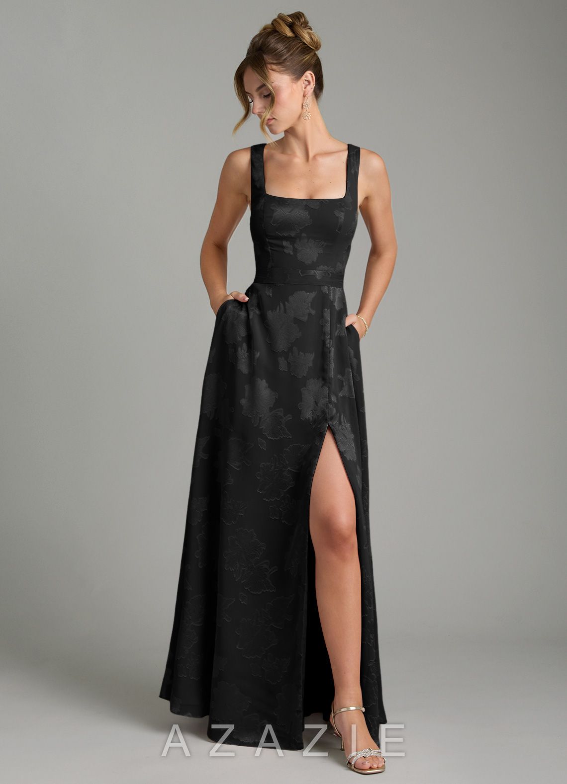 Azazie Cheyenne Black A-Line Pleated Floral Jacquard Burnout Dress black