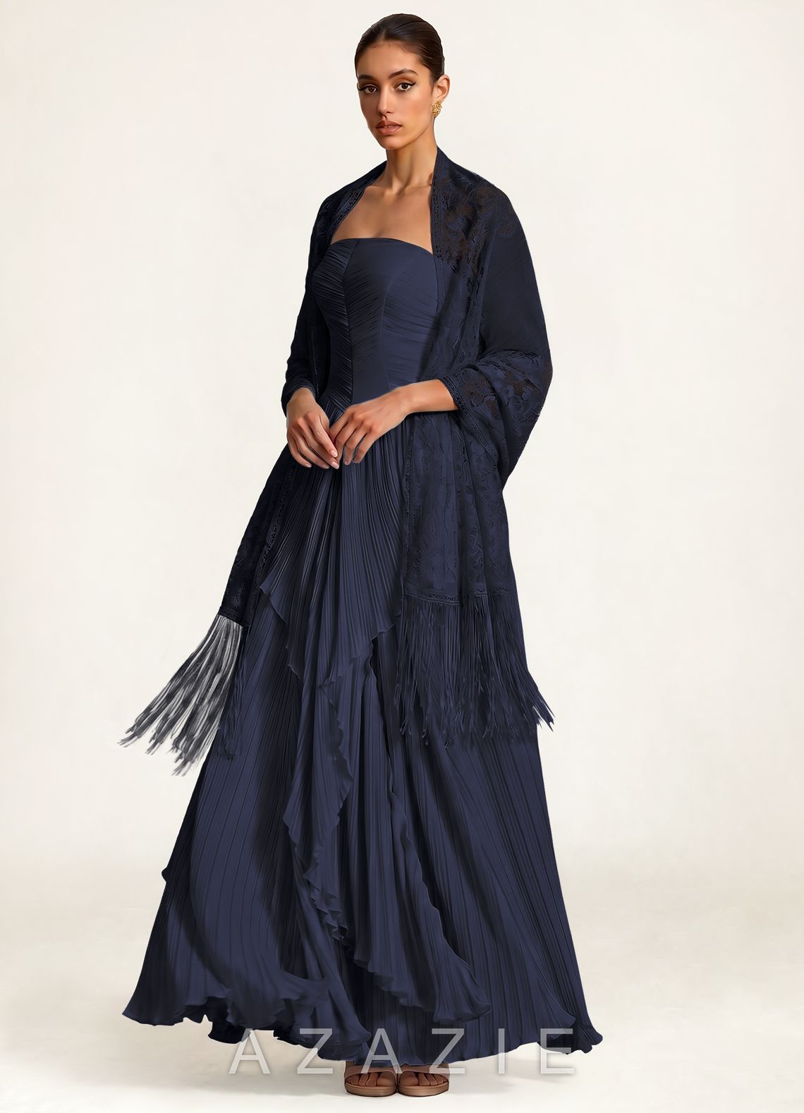 Azazie Floral Lace Tassel Shawl  navy