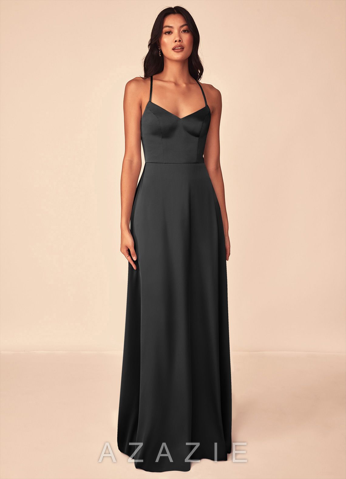 Azazie Mei Black A-Line V-Neck Stretch Satin Dress