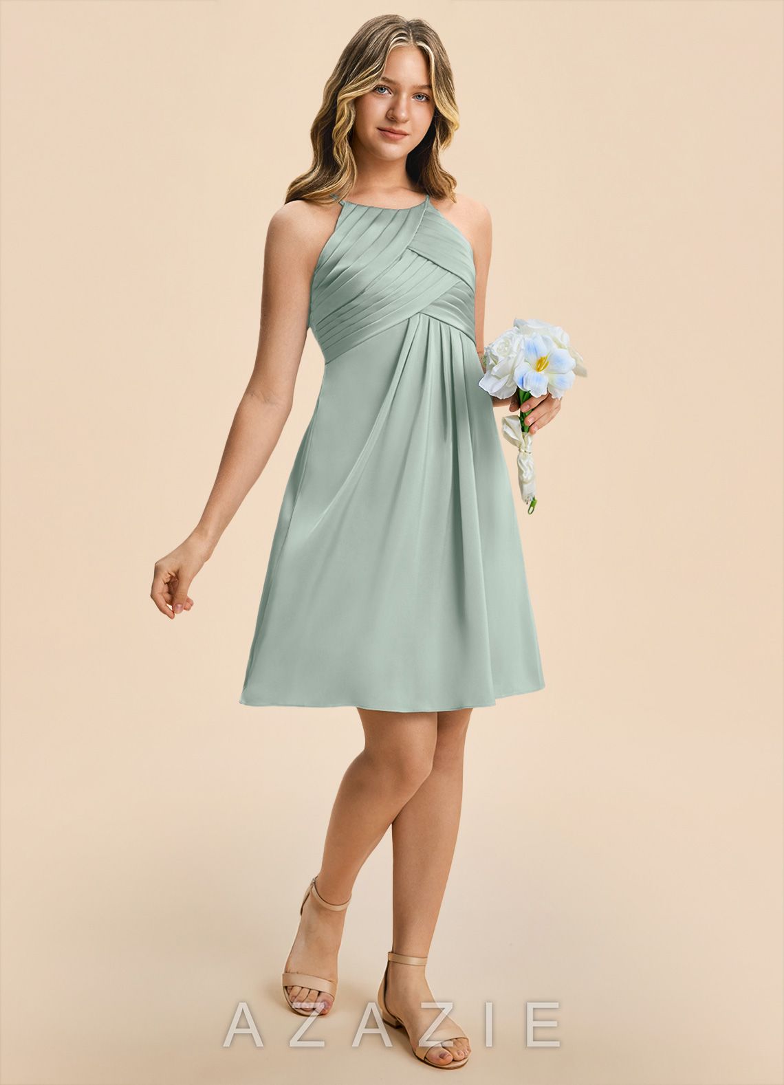 Azazie Ginny Junior Agave A-Line Pleated Stretch Satin Dress agave