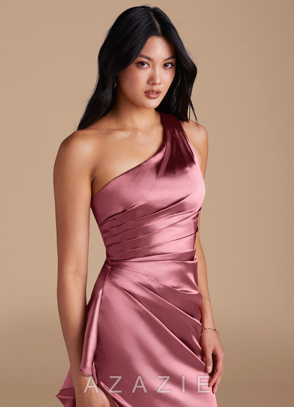 Azazie Latrice Desert Rose Sheath One Shoulder Metallic Satin Dress desert_rose
