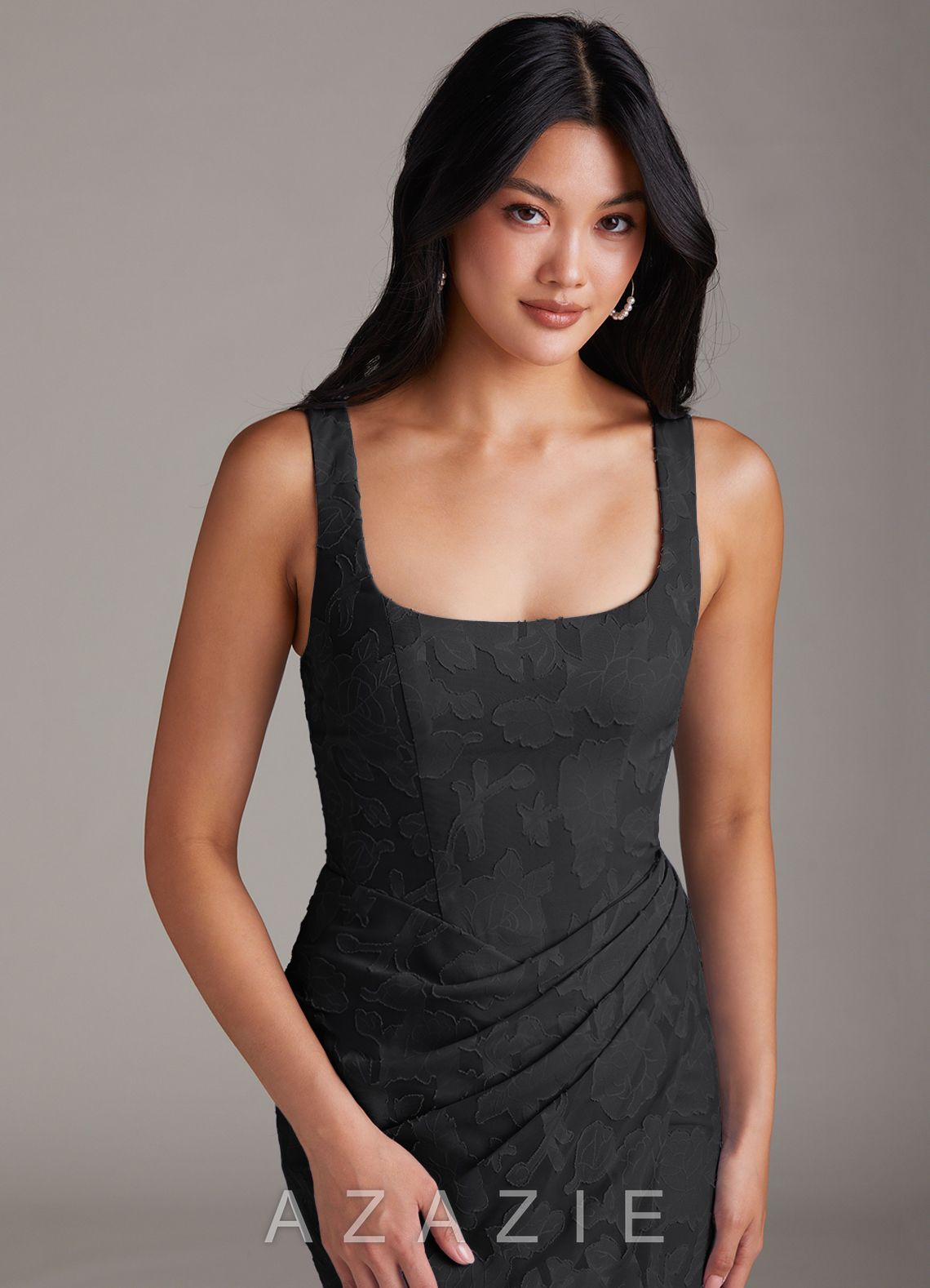 Azazie Mero Black Sheath Pleated Floral Burnout Dress black