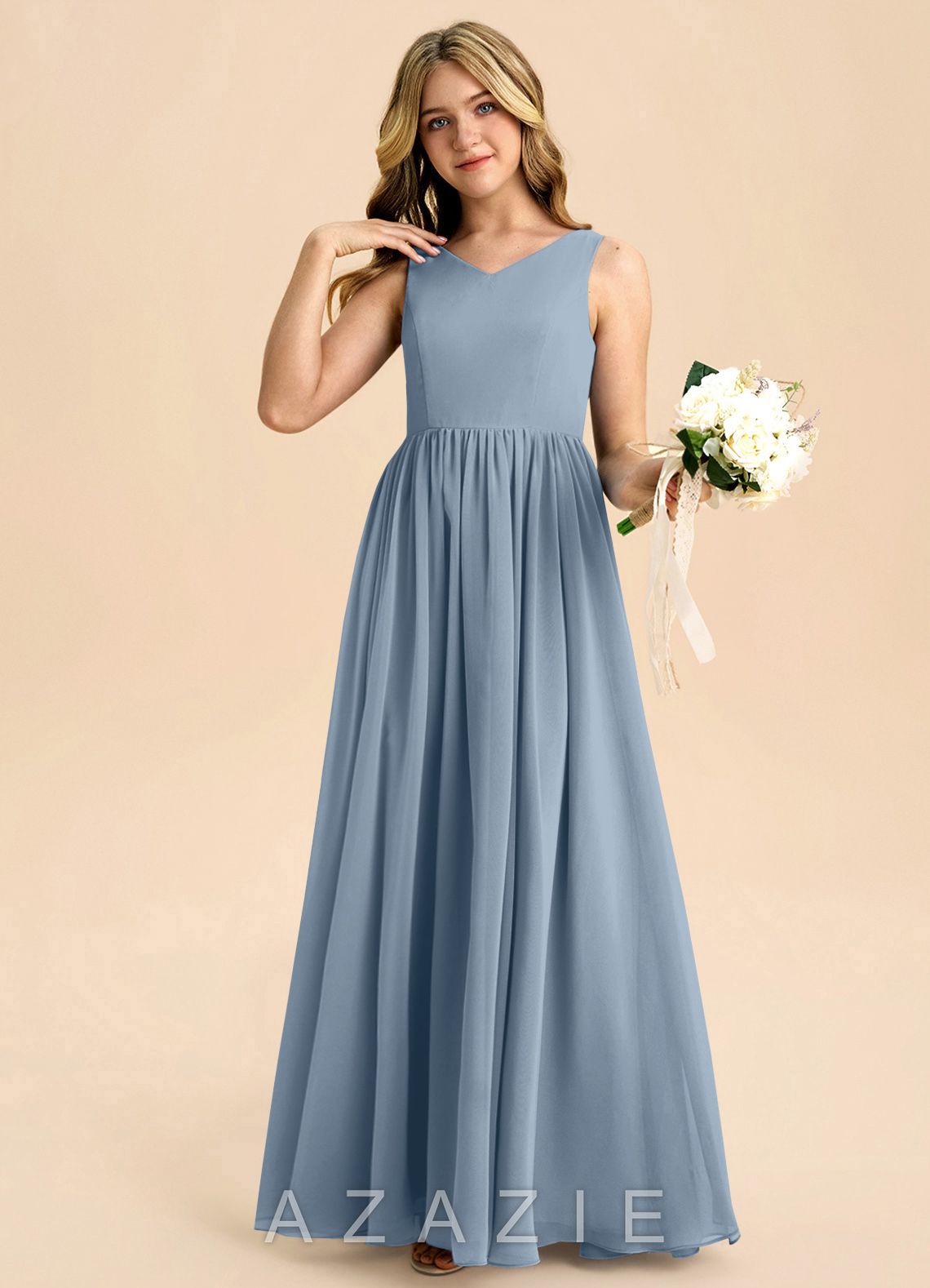 Azazie Hathaway Junior Dusty Blue A-Line Bow Chiffon Dress dusty_blue