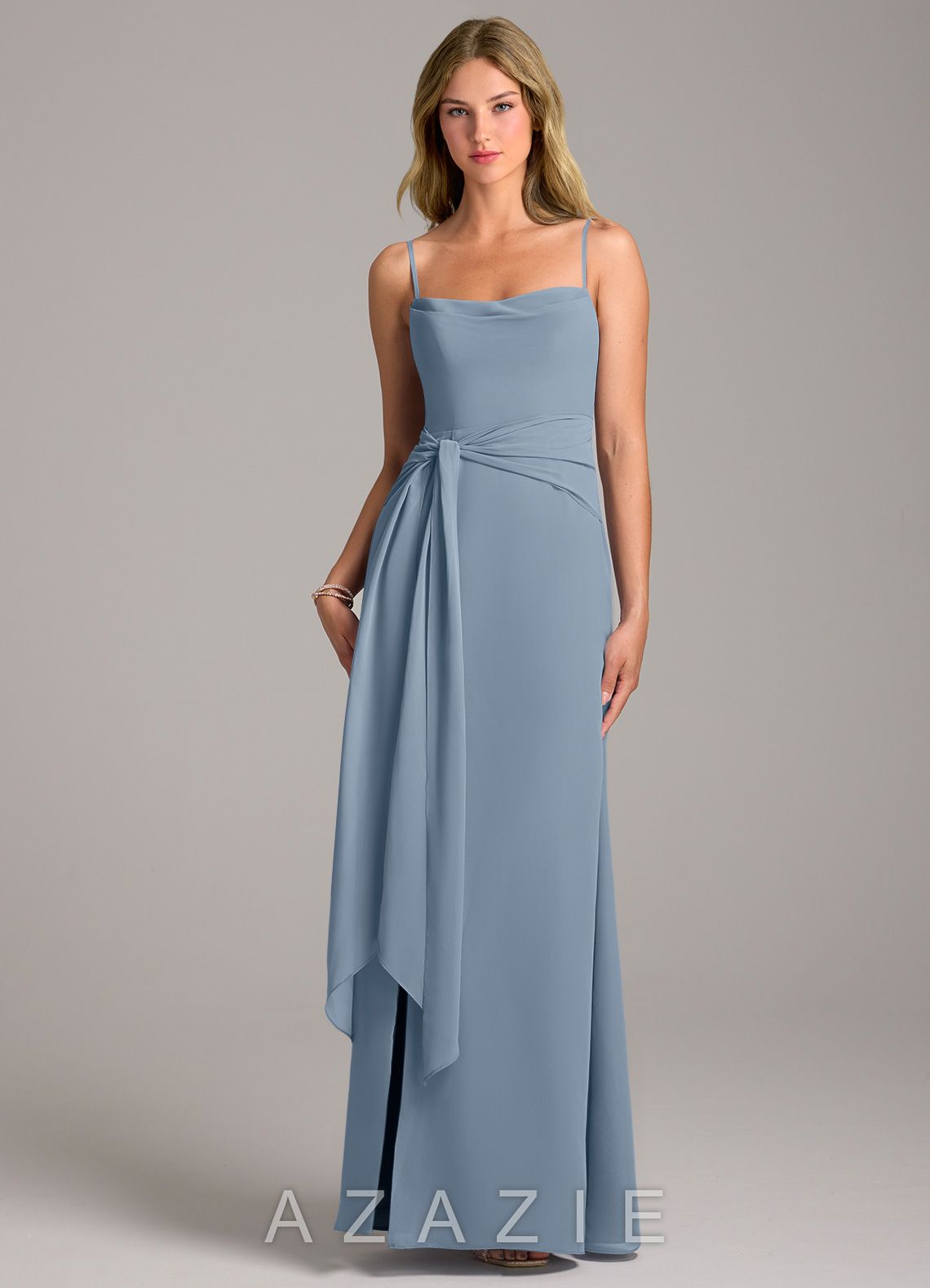Azazie Tahlia Dusty Blue A-Line with Belt Chiffon Dress dusty_blue