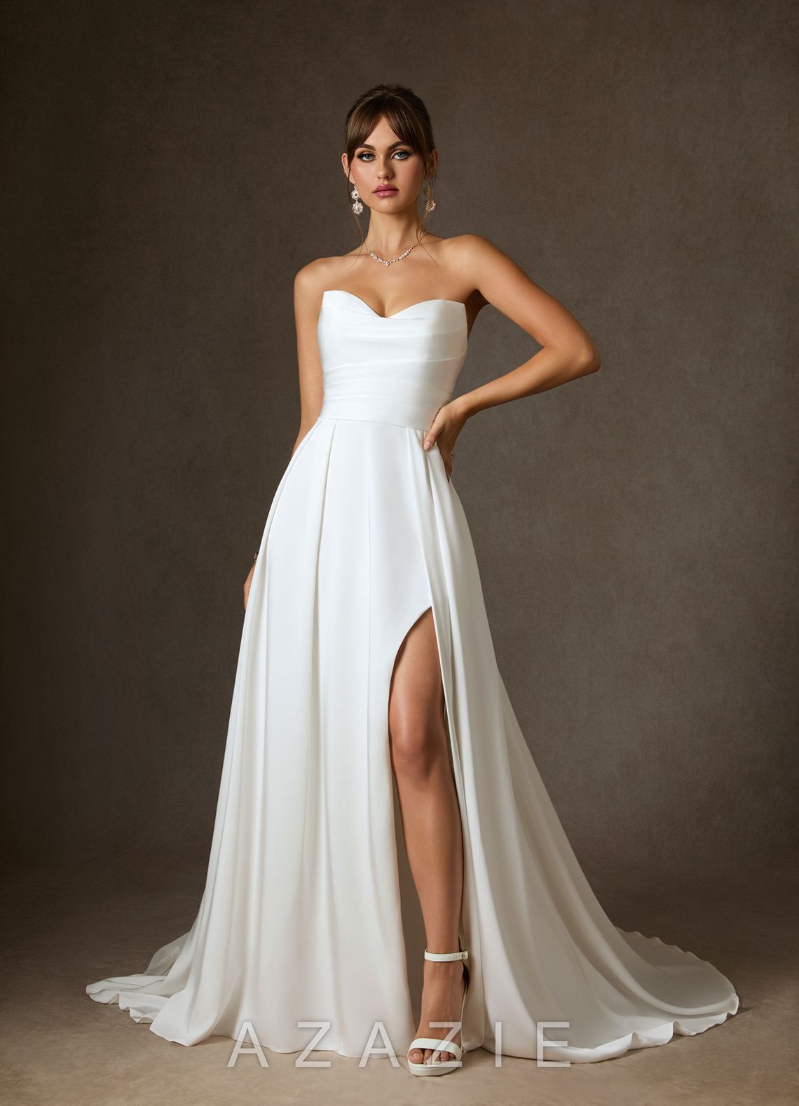 Azazie Marisela Wedding Dress Diamond White A-Line Sequins Crepe Back Satin Dress