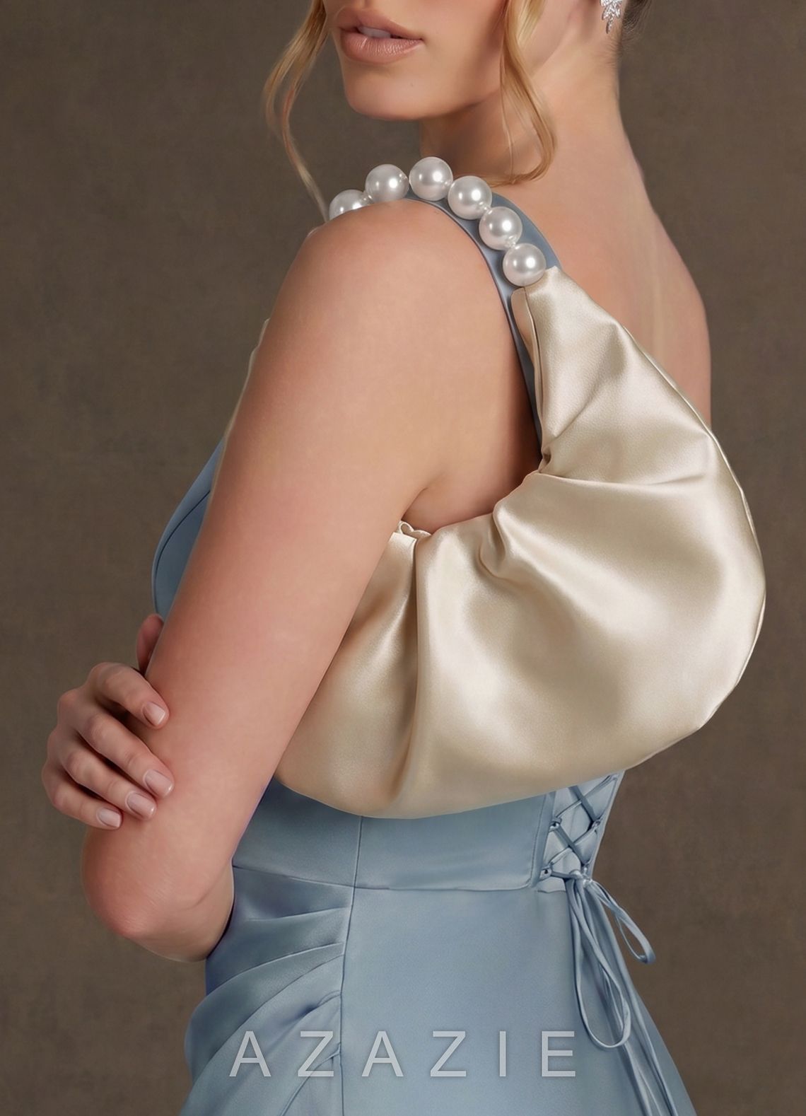 Satin Pearl Handle Ruched Handbag  champagne