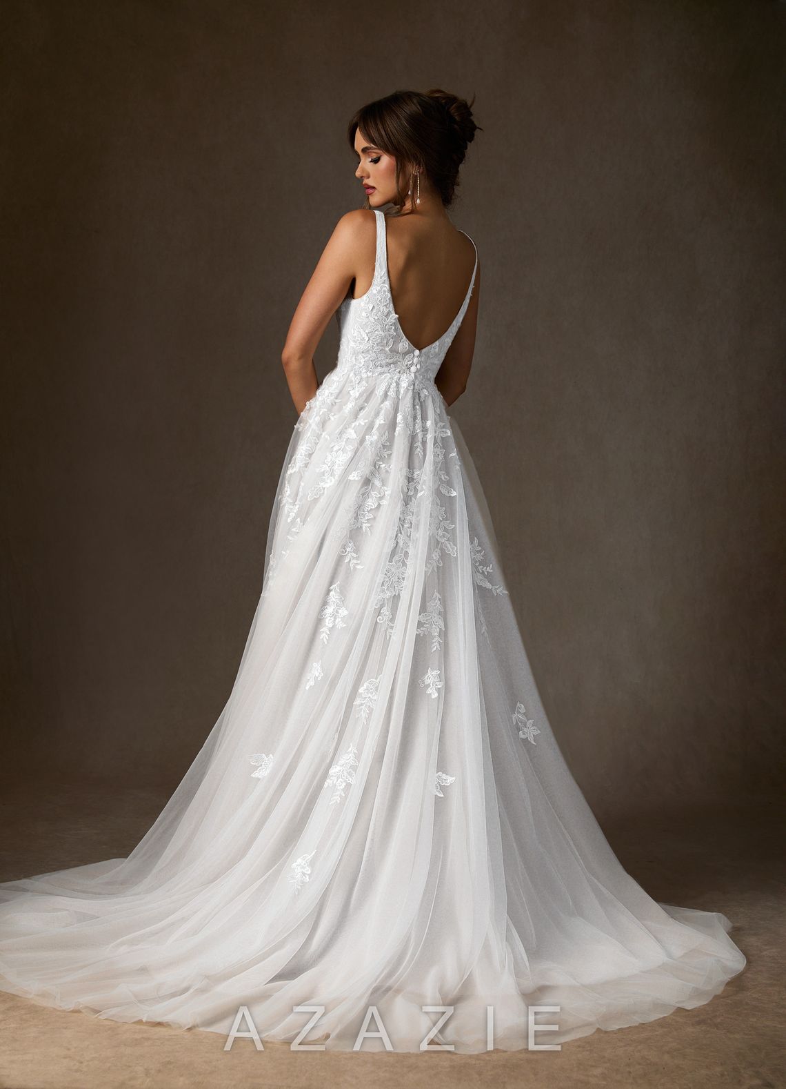 Azazie Sorella Wedding Dress Diamond White A-Line V-Neck Sequins Tulle Dress