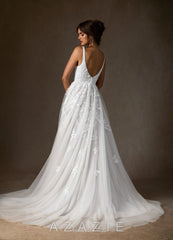 Azazie Sorella Wedding Dress Diamond White A-Line V-Neck Sequins Tulle Dress