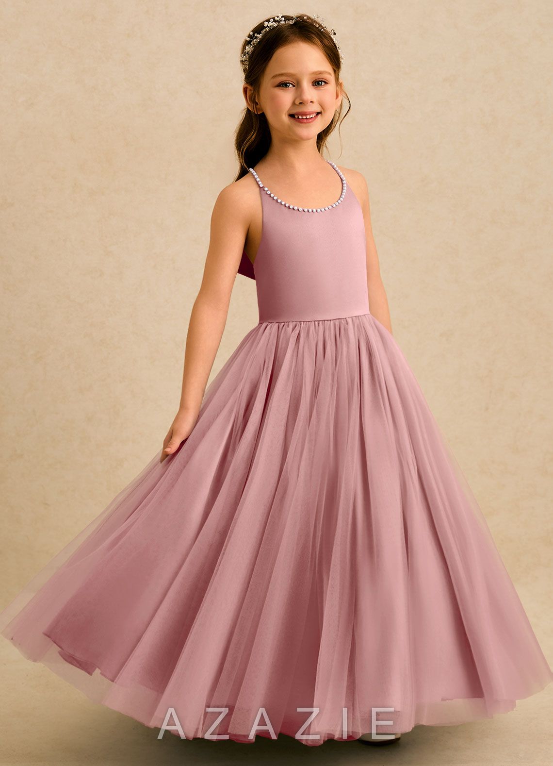 Azazie Aurora Dusty Rose A-Line Bow Tulle Dress dusty_rose