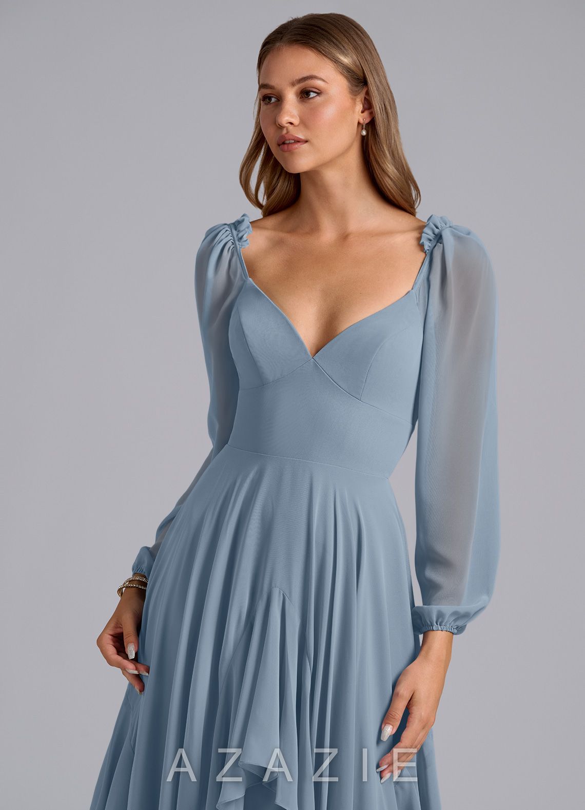 Azazie Karan Dusty Blue A-Line Long Sleeve Chiffon Dress dusty_blue