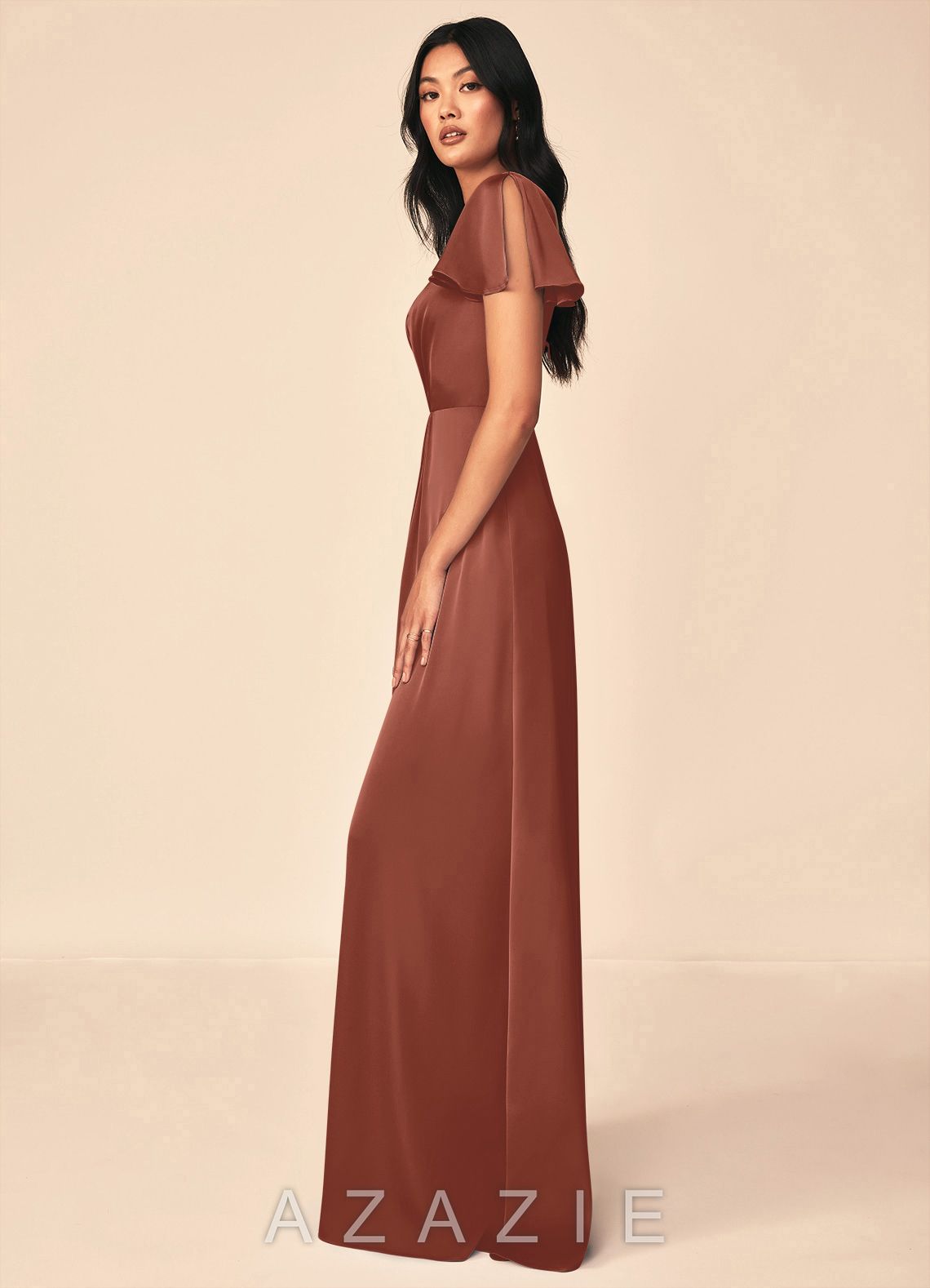 Azazie Soren Auburn A-Line Pleated Stretch Satin Dress auburn