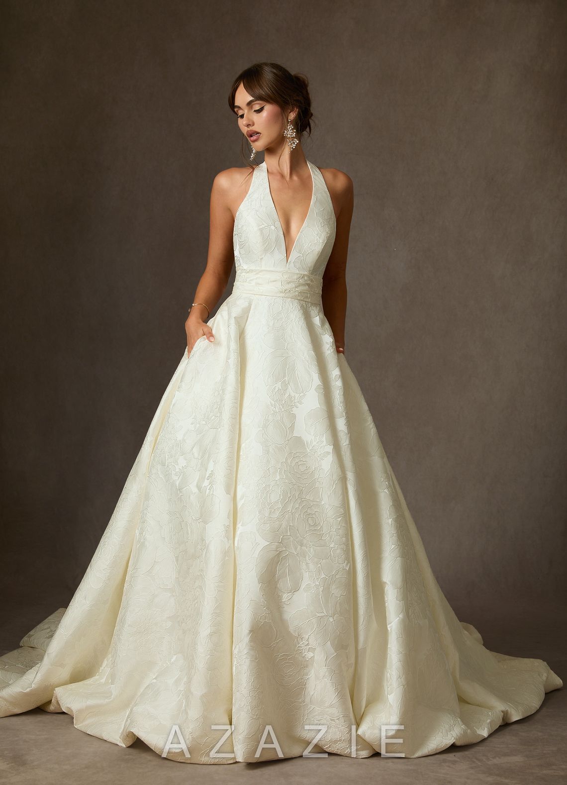 Azazie Saphira Antique White Ball-Gown with Pockets Floral Jacquard Dress