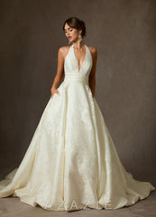 Azazie Saphira Antique White Ball-Gown with Pockets Floral Jacquard Dress