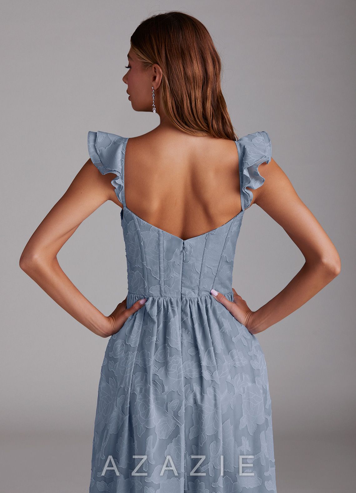 Azazie Denisse Dusty Blue A-Line Ruched Floral Burnout Dress dusty_blue