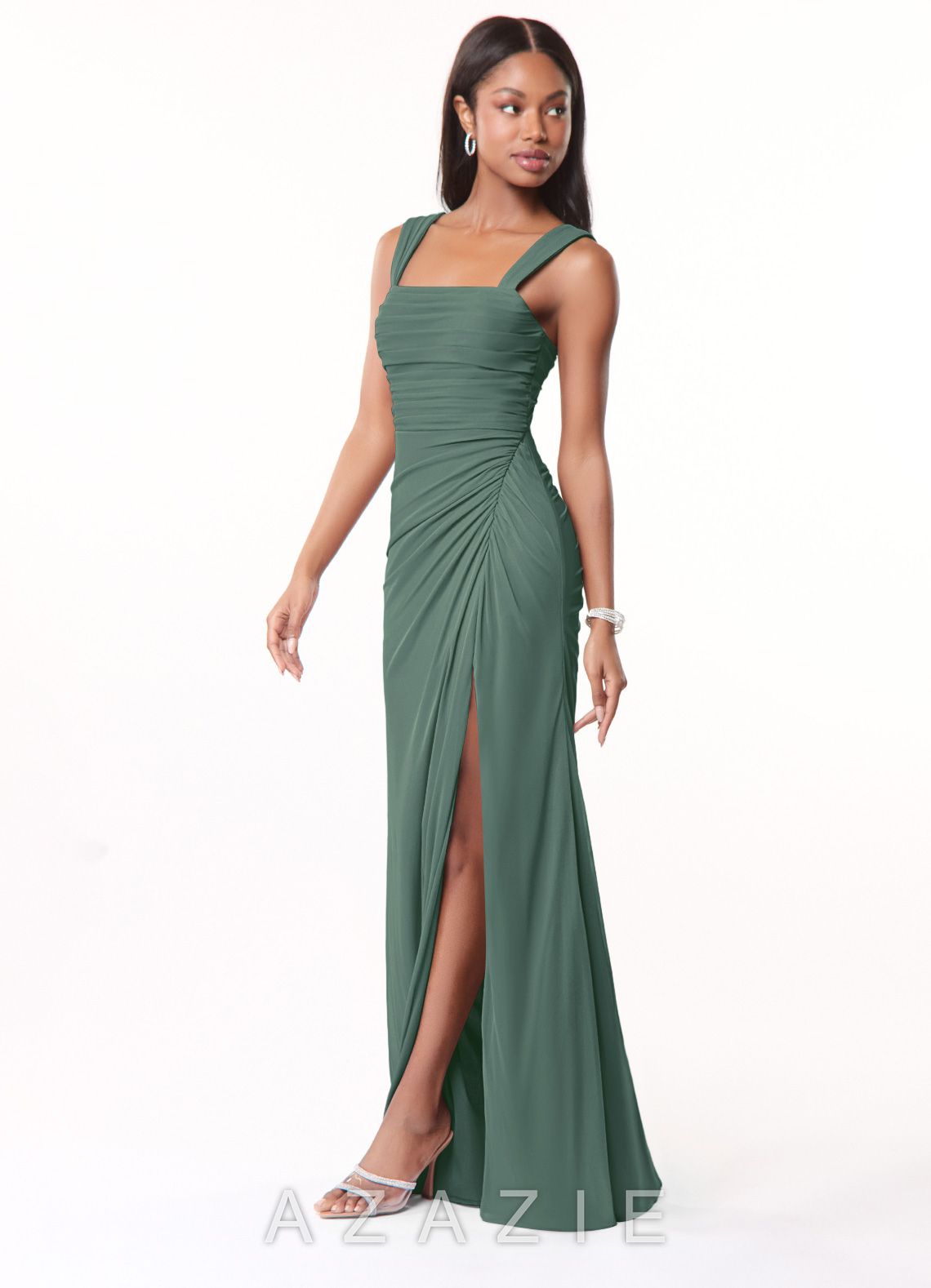 Azazie Jesaphine Eucalyptus Sheath Ruched Mesh Dress eucalyptus