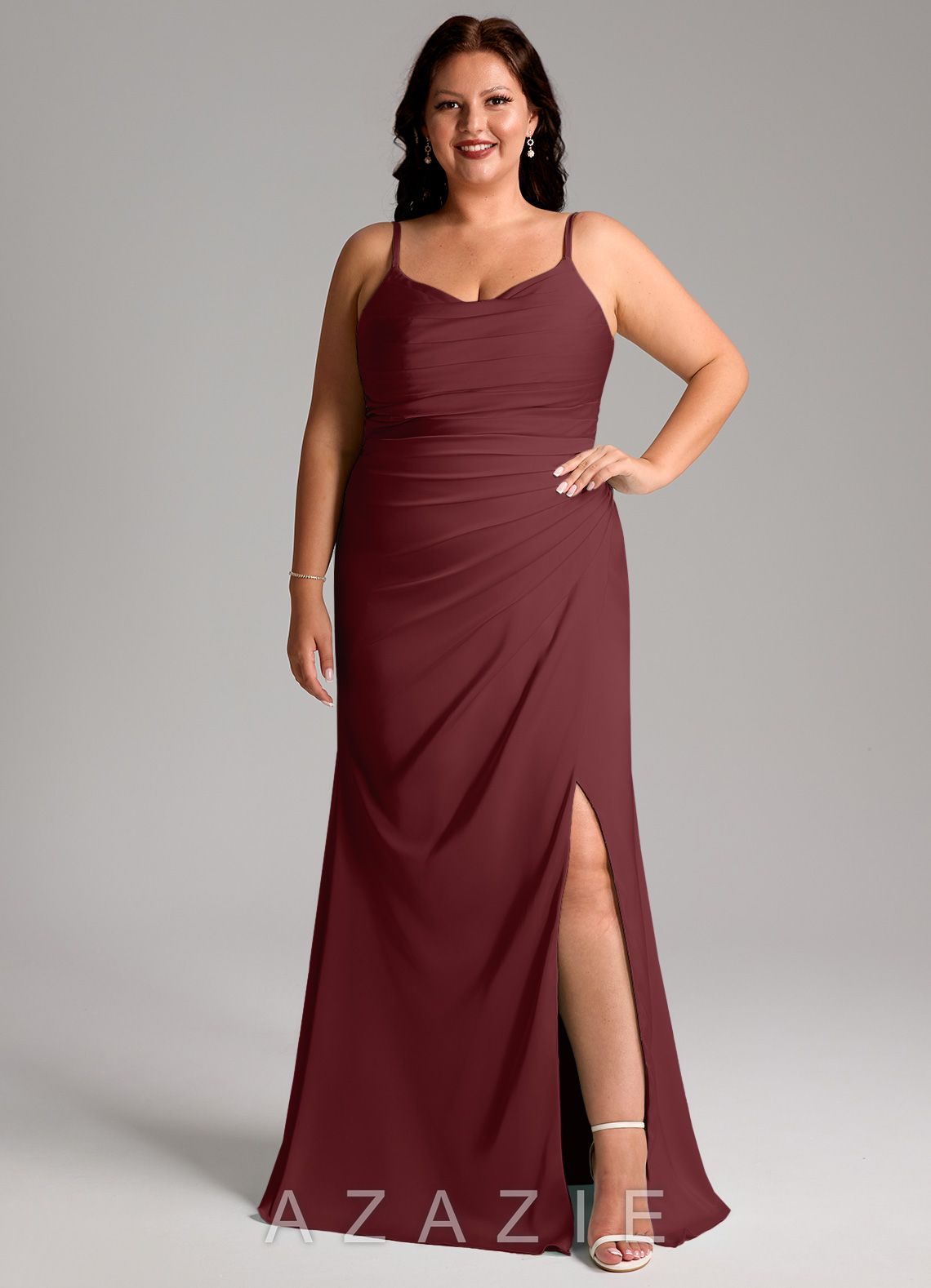 Azazie Deandra Cabernet Mermaid Pleated Stretch Satin Dress cabernet