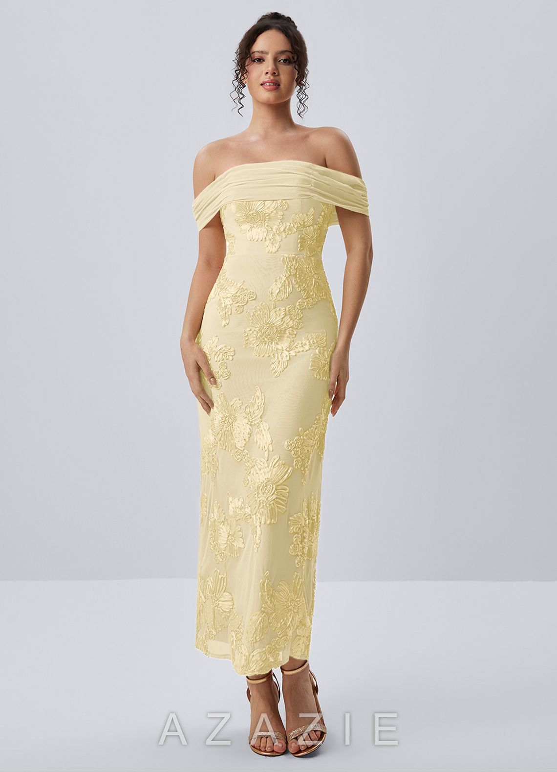 Berenice Lemon Sorbet 3D Floral Lace Off Shoulder Maxi Dress