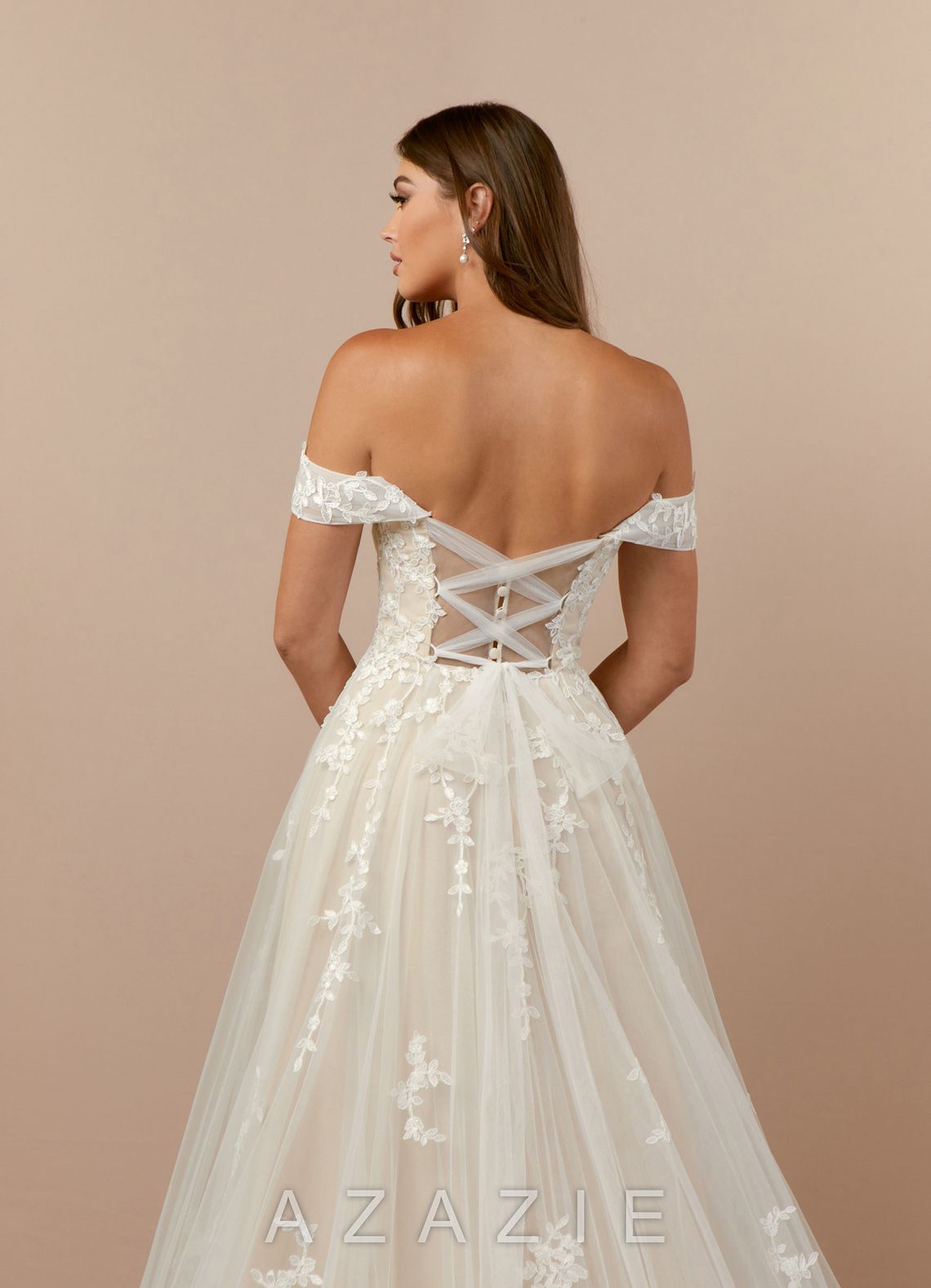 Azazie Botanica Wedding Dress Diamond White Champagne A-Line Off the Shoulder Tulle Dress diamond_white/champagne