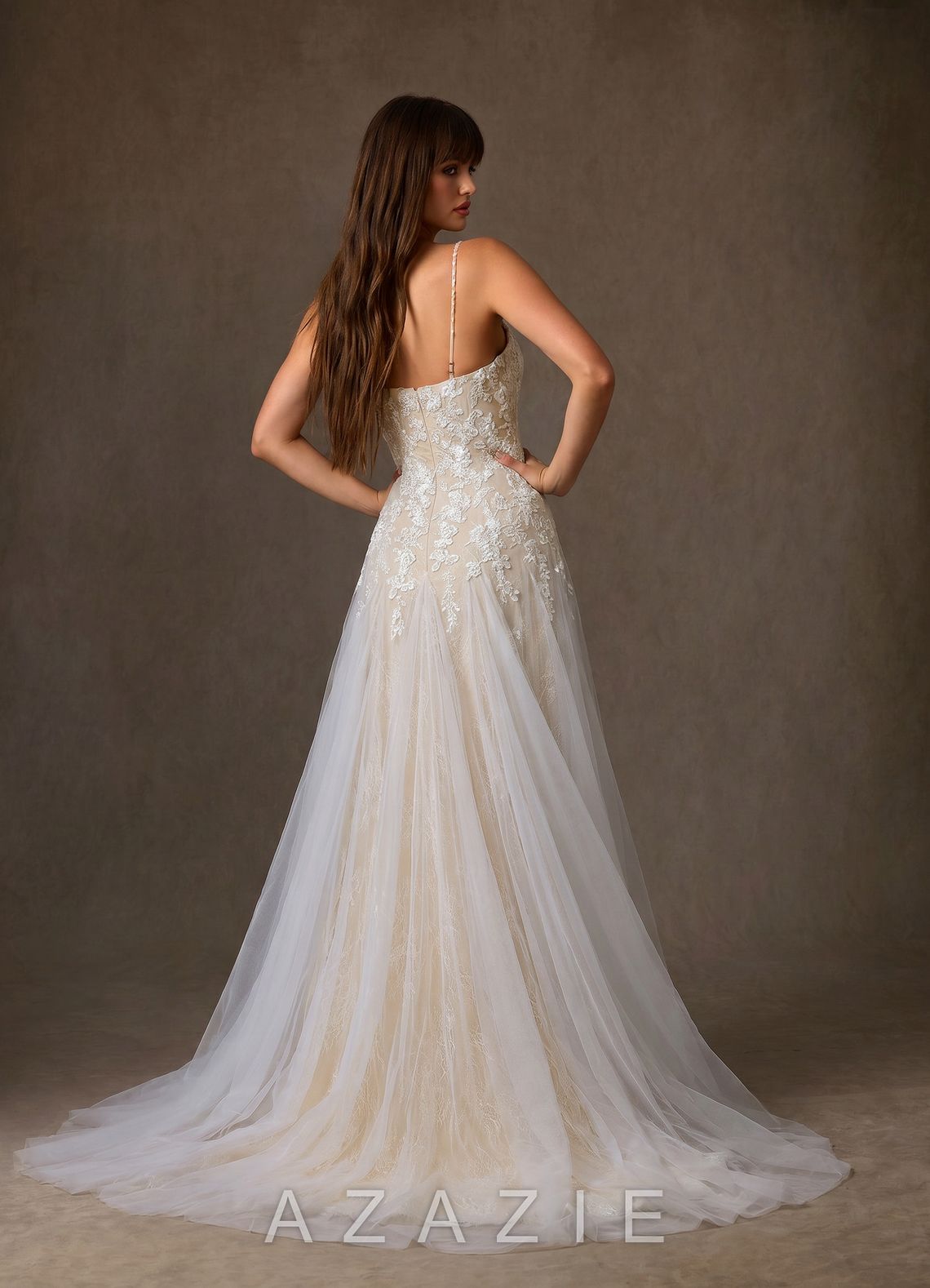 Azazie Lumina Diamond White Champagne A-Line Sweetheart Neckline Lace Dress diamond_white/champagne
