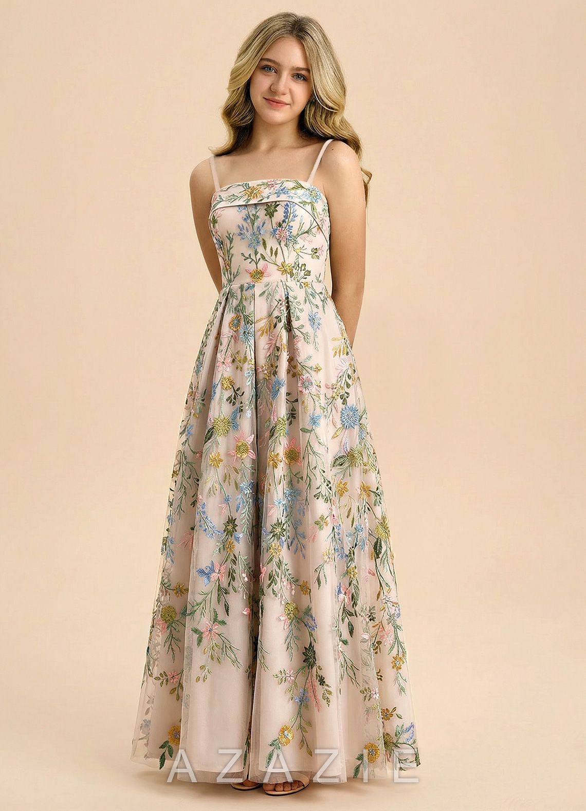 Azazie Evangeline Junior Formal Dress Blush Garden Floral A-Line Pleated 3D Floral Embroidered Lace Dress