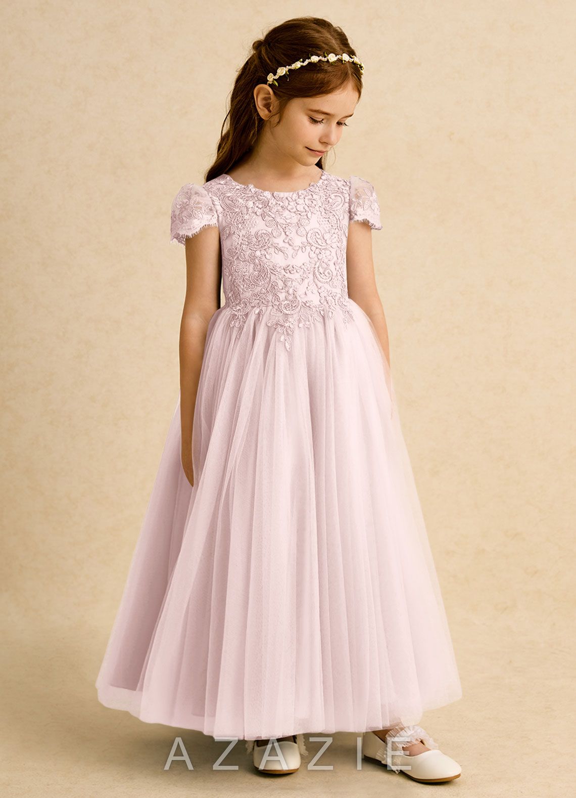 Azazie Puff Blushing Pink Ball-Gown Lace Tulle Dress blushing_pink