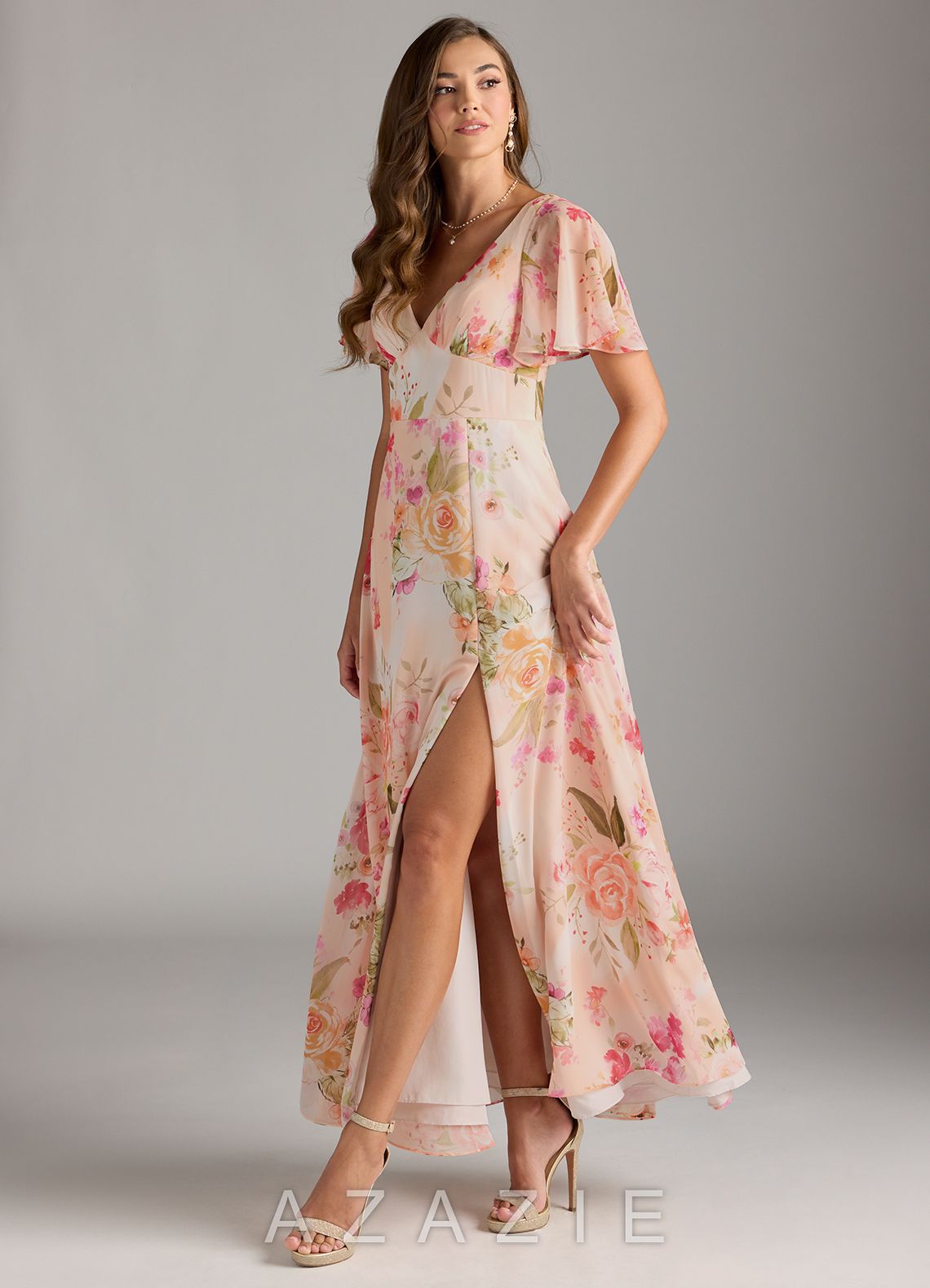 Azazie Kimber Abstract Bouquet Floral A-Line Flounce Sleeve Chiffon Dress abstract_bouquet_floral
