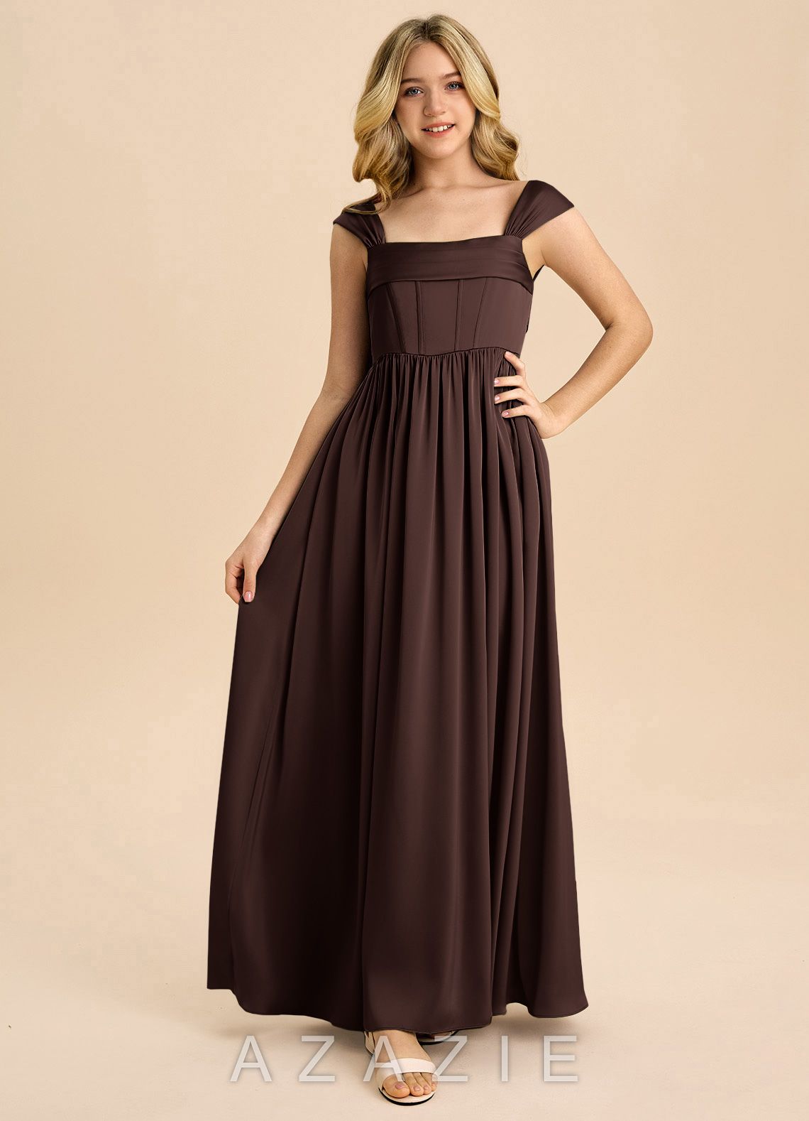 Azazie Hattie Junior Ganache A-Line Pleated Stretch Satin Dress ganache