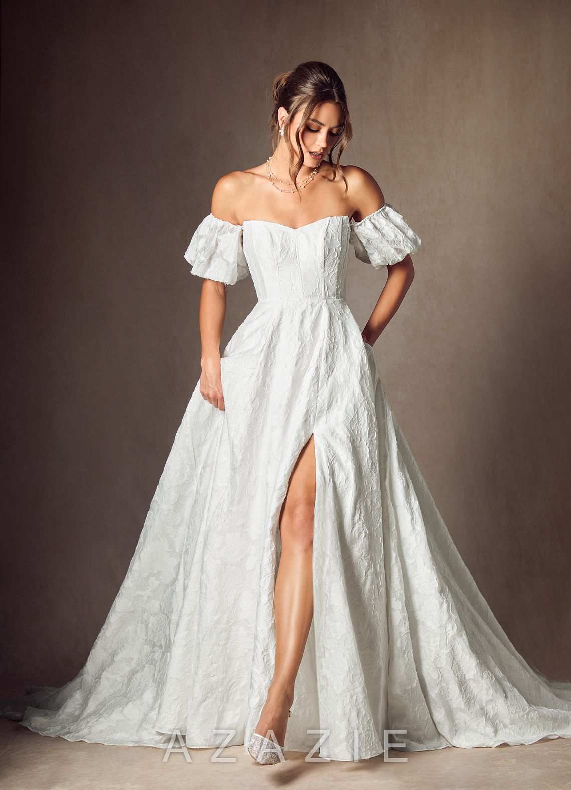 Azazie Gladiola Diamond White Ball-Gown Sweetheart Neckline Floral Burnout Jacquard Dress diamond_white