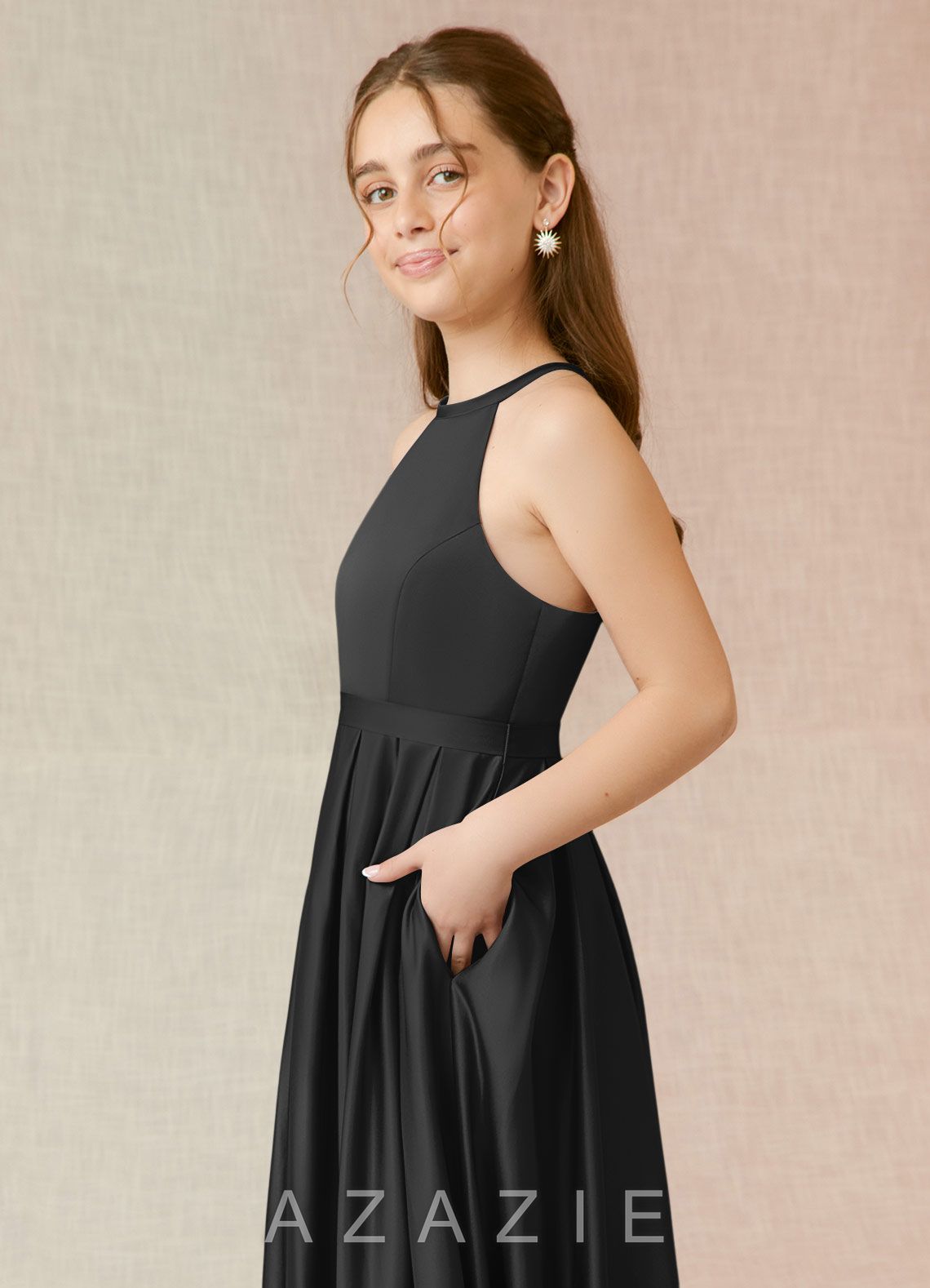 Azazie Arianthe Junior Black A-Line with Pockets Stretch Satin Dress black