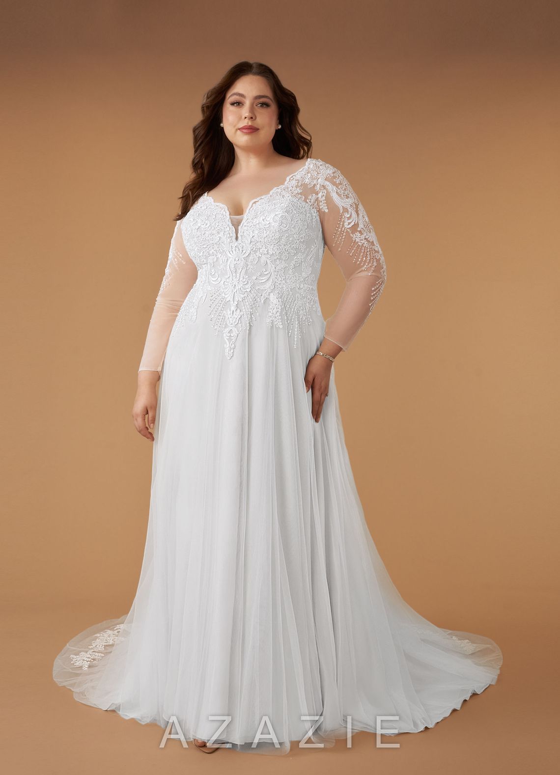 Azazie Essy Wedding Dress Diamond White A-Line V-Neck Sequins Tulle Dress diamond_white