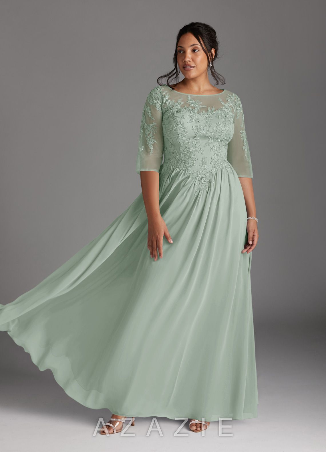 Azazie Mirielle Agave A-Line Scoop Lace Chiffon Dress agave