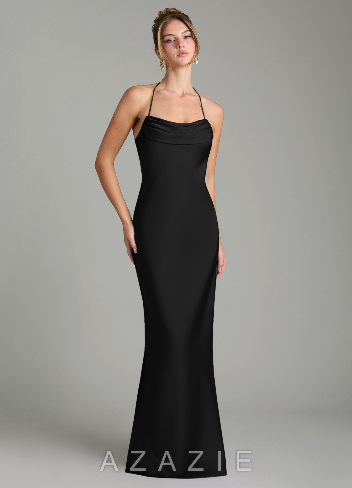 Azazie Mae Black Mermaid Pleated Stretch Satin Dress