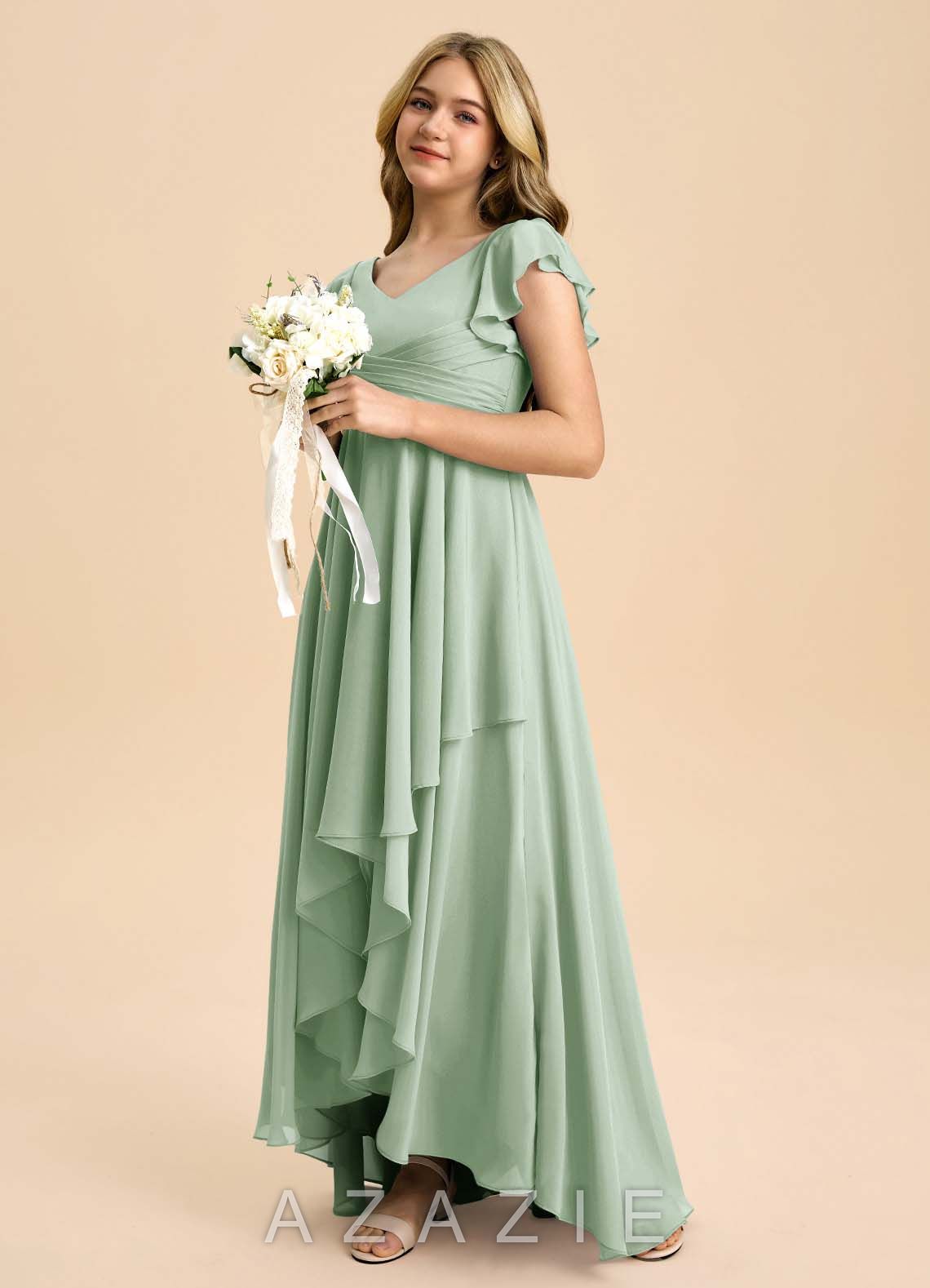 Azazie Caria Junior Agave A-Line Pleated Chiffon Dress agave