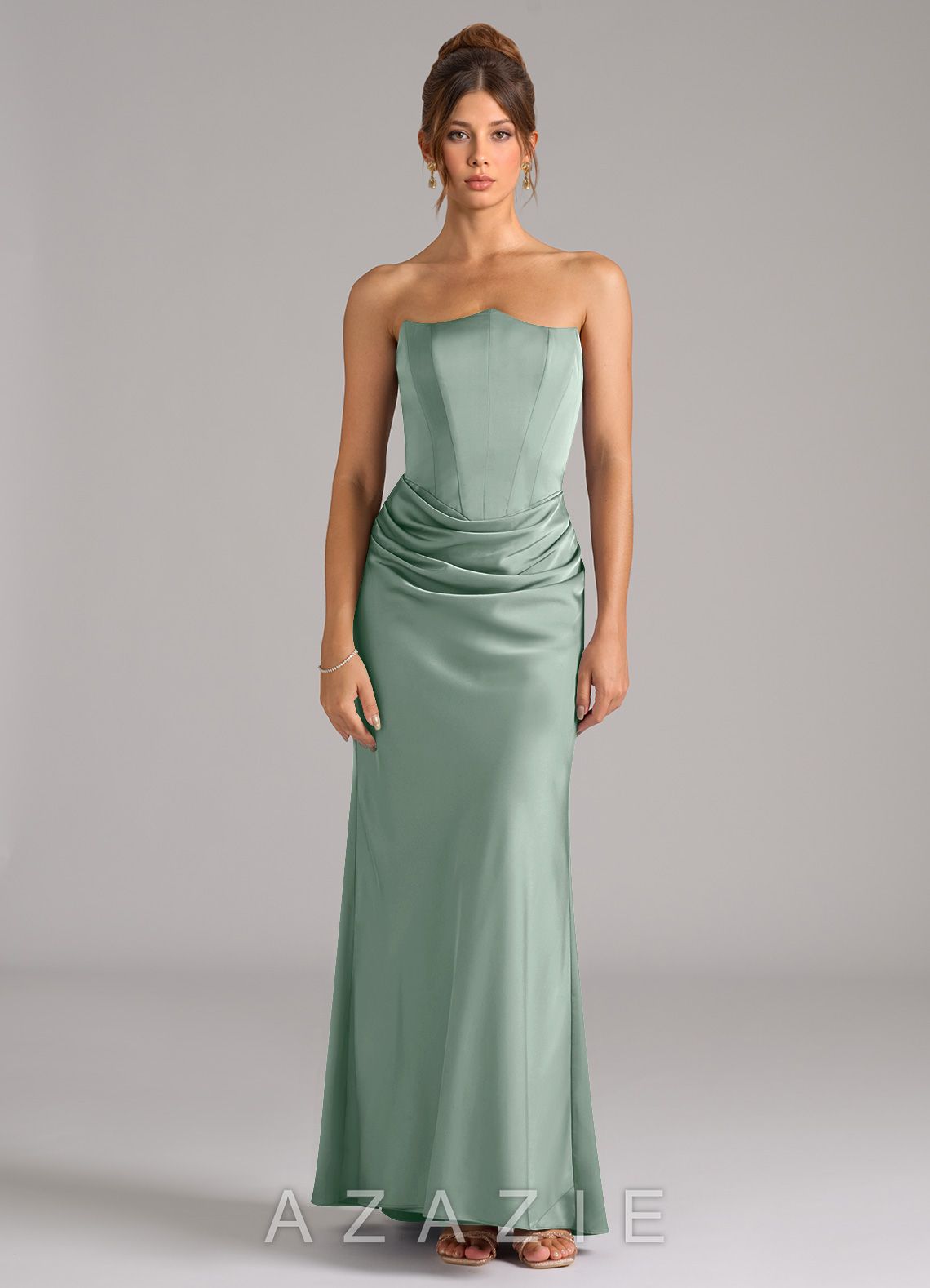Azazie Debby Agave Mermaid Strapless Stretch Satin Convertible Dress agave