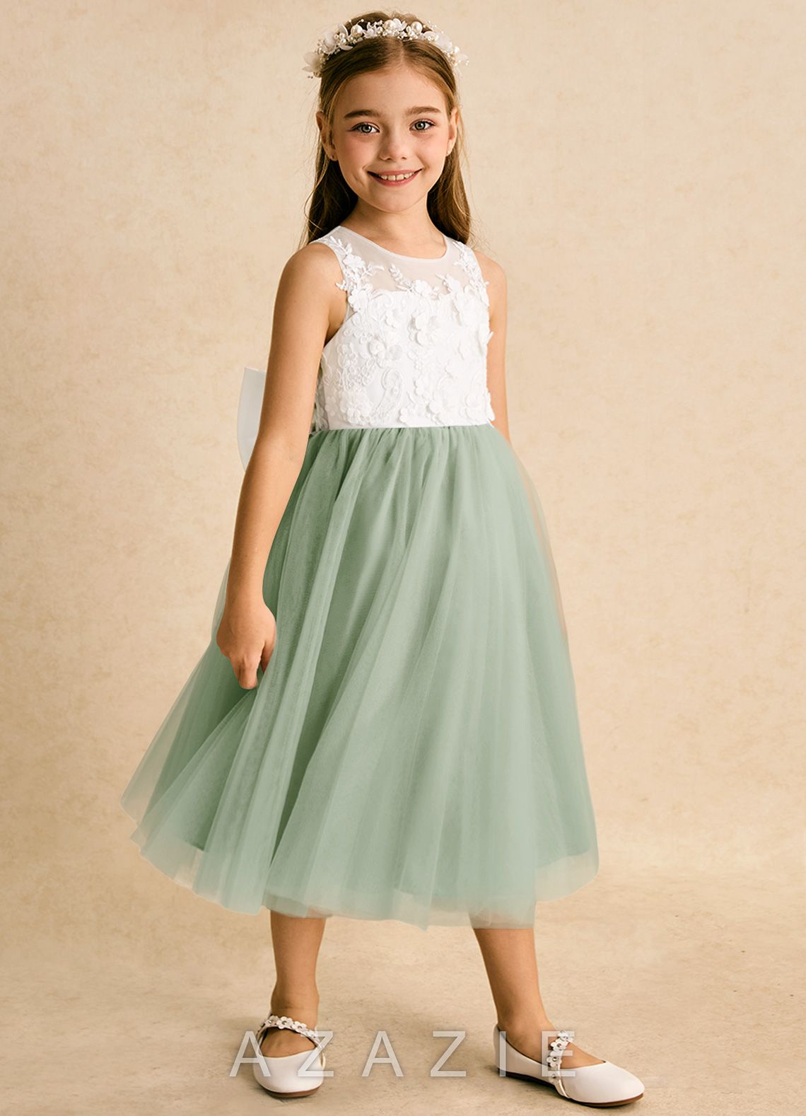 Azazie Lina Ivory Dusty Sage Ball-Gown Lace Dress ivory/dusty_sage