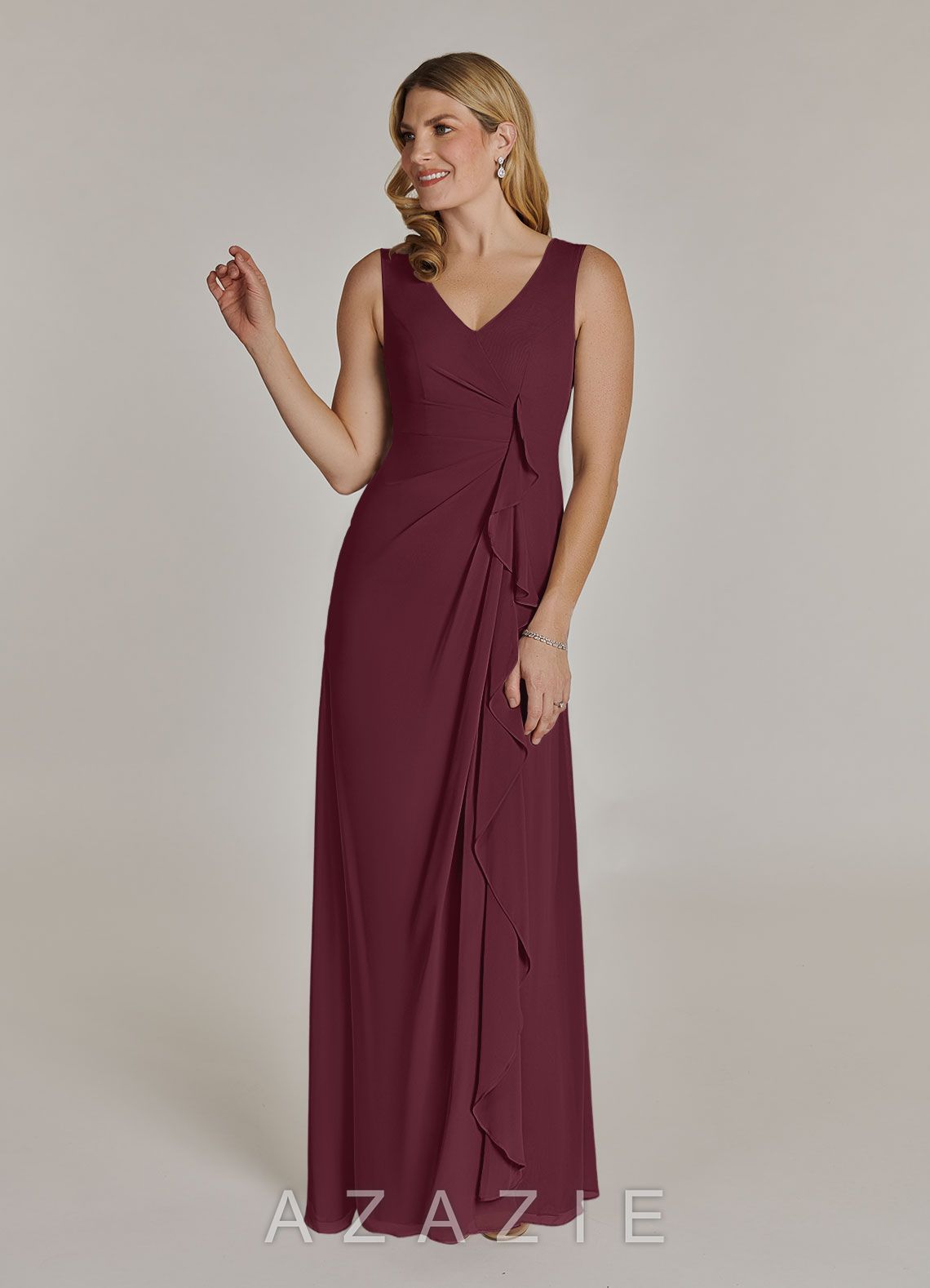 Azazie Manuella Cabernet A-Line V-Neck Pleated Chiffon Dress cabernet