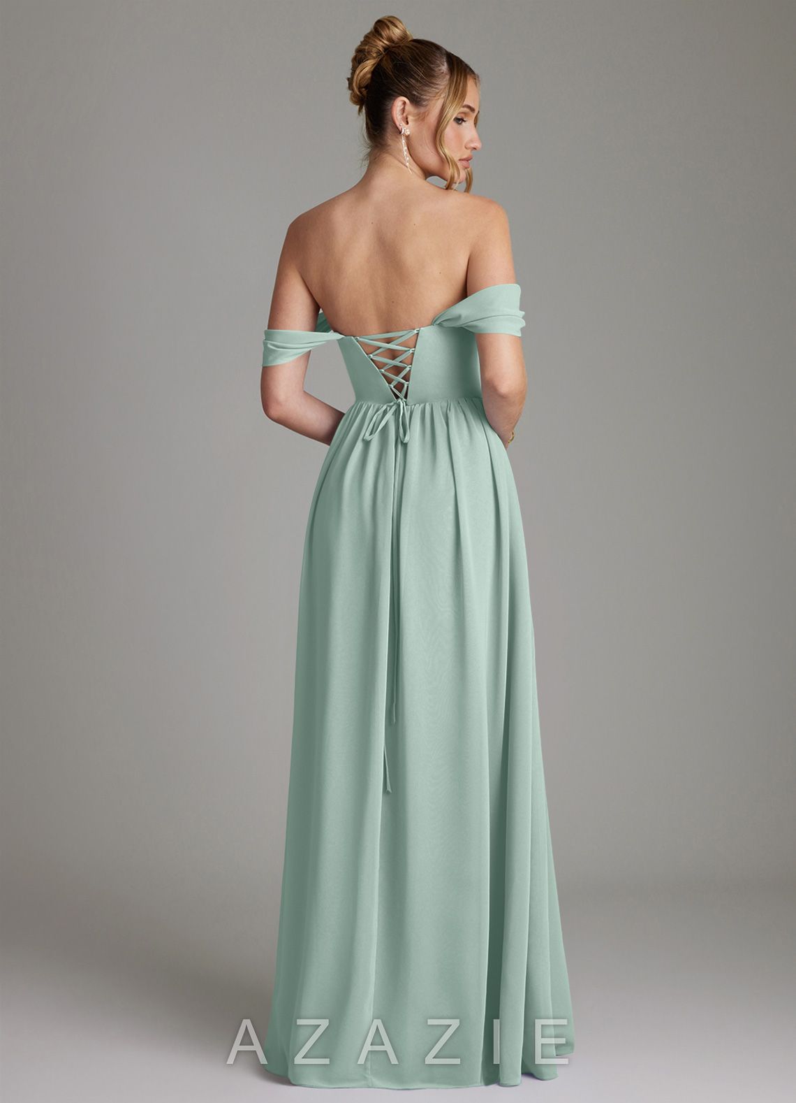 Azazie Caterina Agave A-Line Corset Chiffon Dress agave