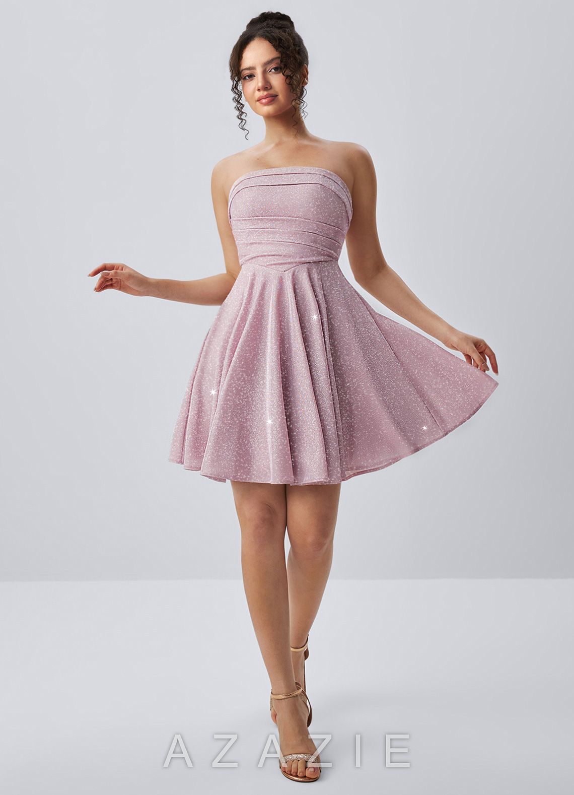 Jacinthe Pink Strapless Glitter Ruched Lace-Up Skater Mini Dress