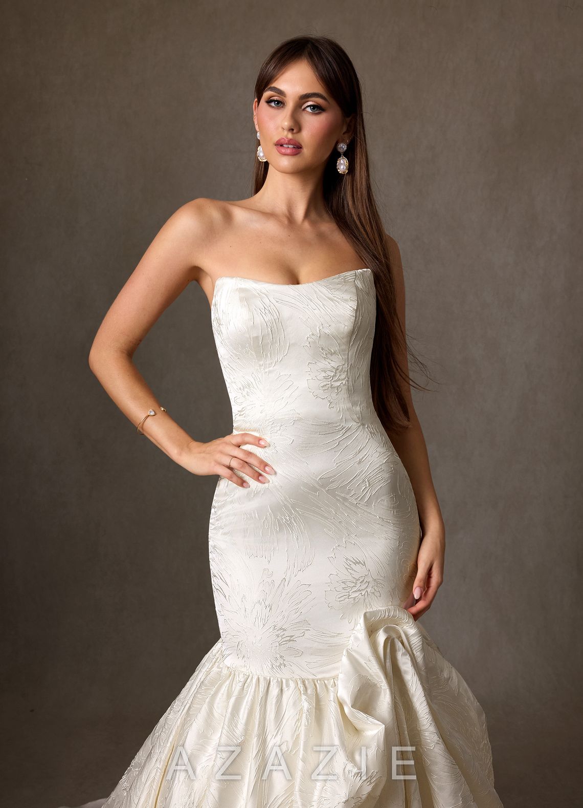 Azazie Quinta Antique White Mermaid Strapless Floral Jacquard Dress antique_white