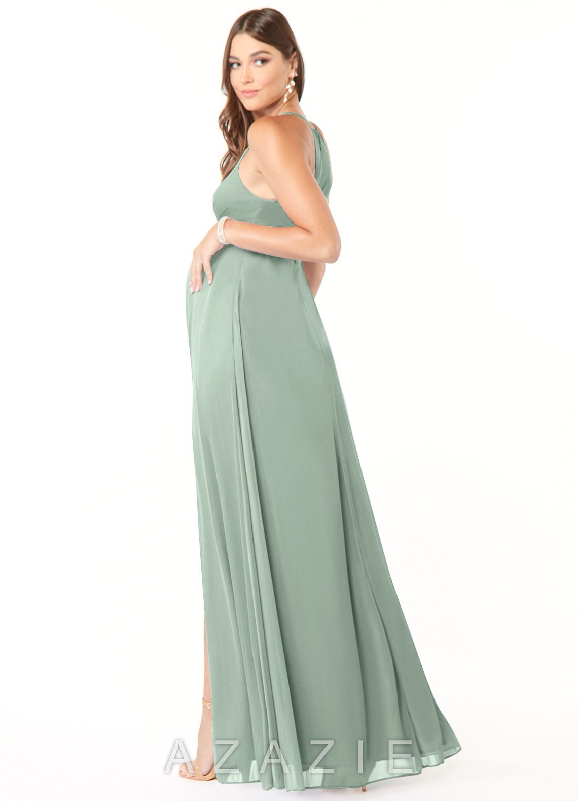 Azazie Annabelle A-Line V-Neck Pleated Mesh Floor-Length Dress agave