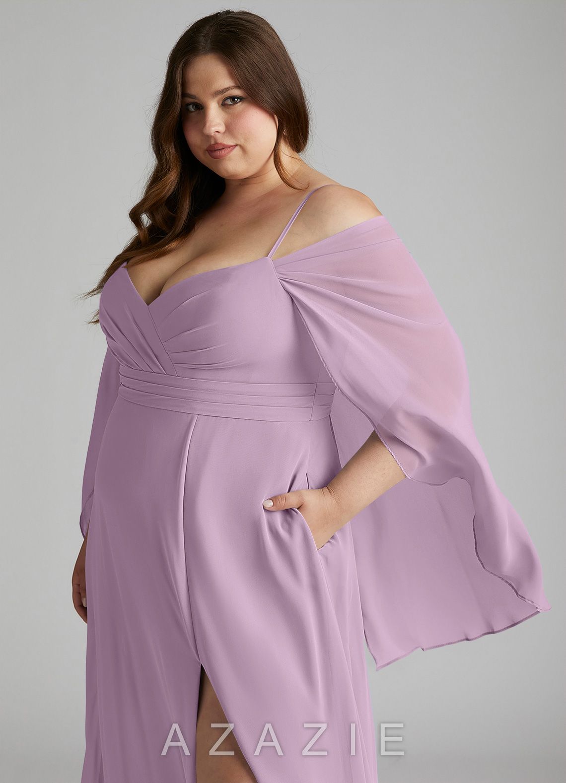 Azazie Cienna Wisteria A-Line Long Sleeve Chiffon Dress wisteria