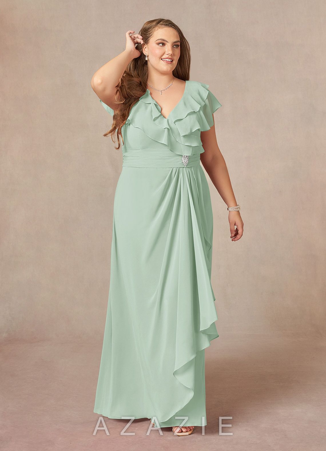 Azazie Snapdragon Agave A-Line V-Neck Ruched Chiffon Dress agave