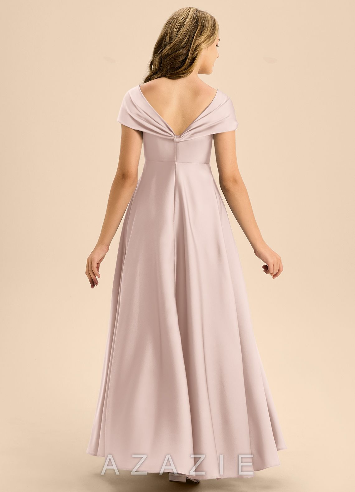 Azazie Rowena Junior Blushing Pink A-Line Bow Stretch Satin Dress blushing_pink
