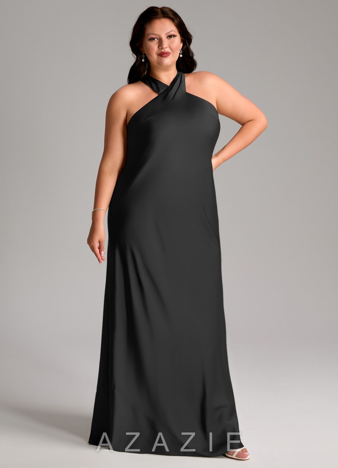 Azazie Doretta Black Mermaid Pleated Stretch Satin Dress black