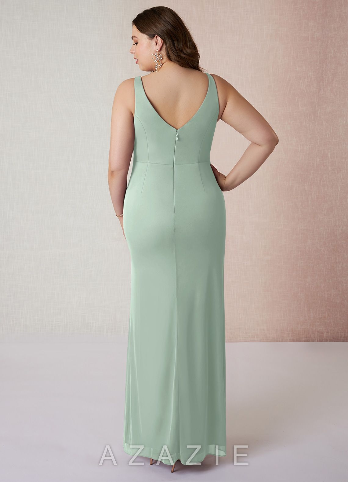 Azazie Leandra Agave Mermaid V-Neck Pleated Mesh Dress agave