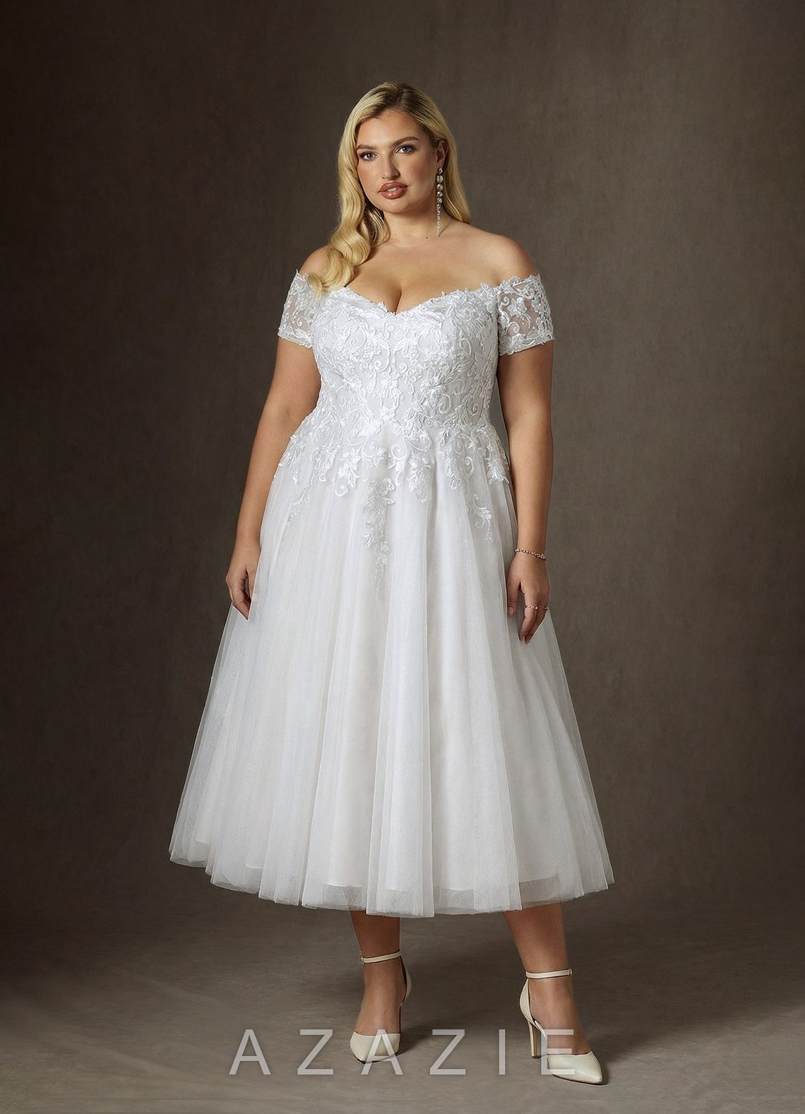 Azazie Rowe Diamond White A-Line Off the Shoulder Lace Dress diamond_white