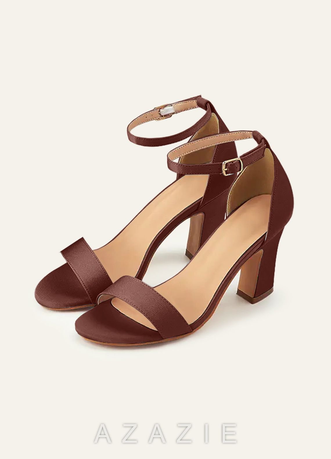 Matching Color Stretch Satin One Strap Buckle Chunky Heel Sandals  espresso