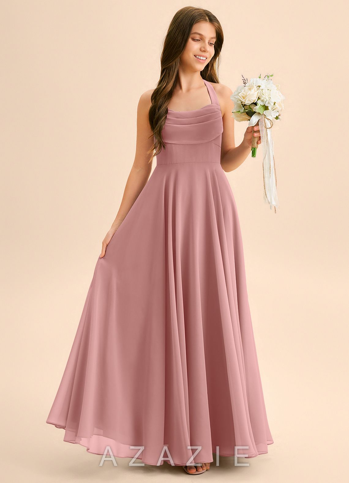 Azazie Kady Junior Dusty Rose A-Line Sweetheart Neckline Chiffon Dress dusty_rose