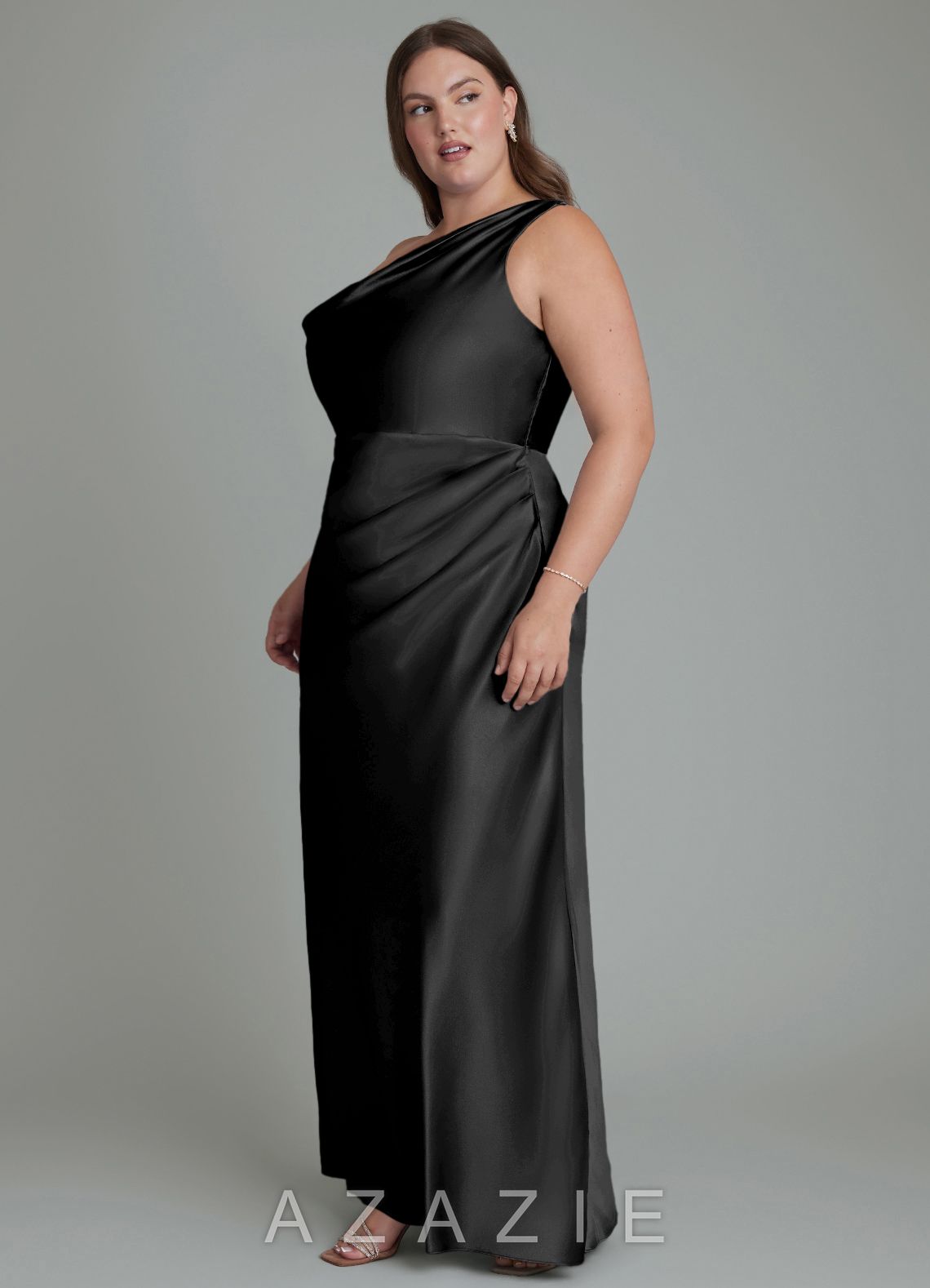 Azazie Emerson Black Mermaid Off the Shoulder Metallic Satin Dress black