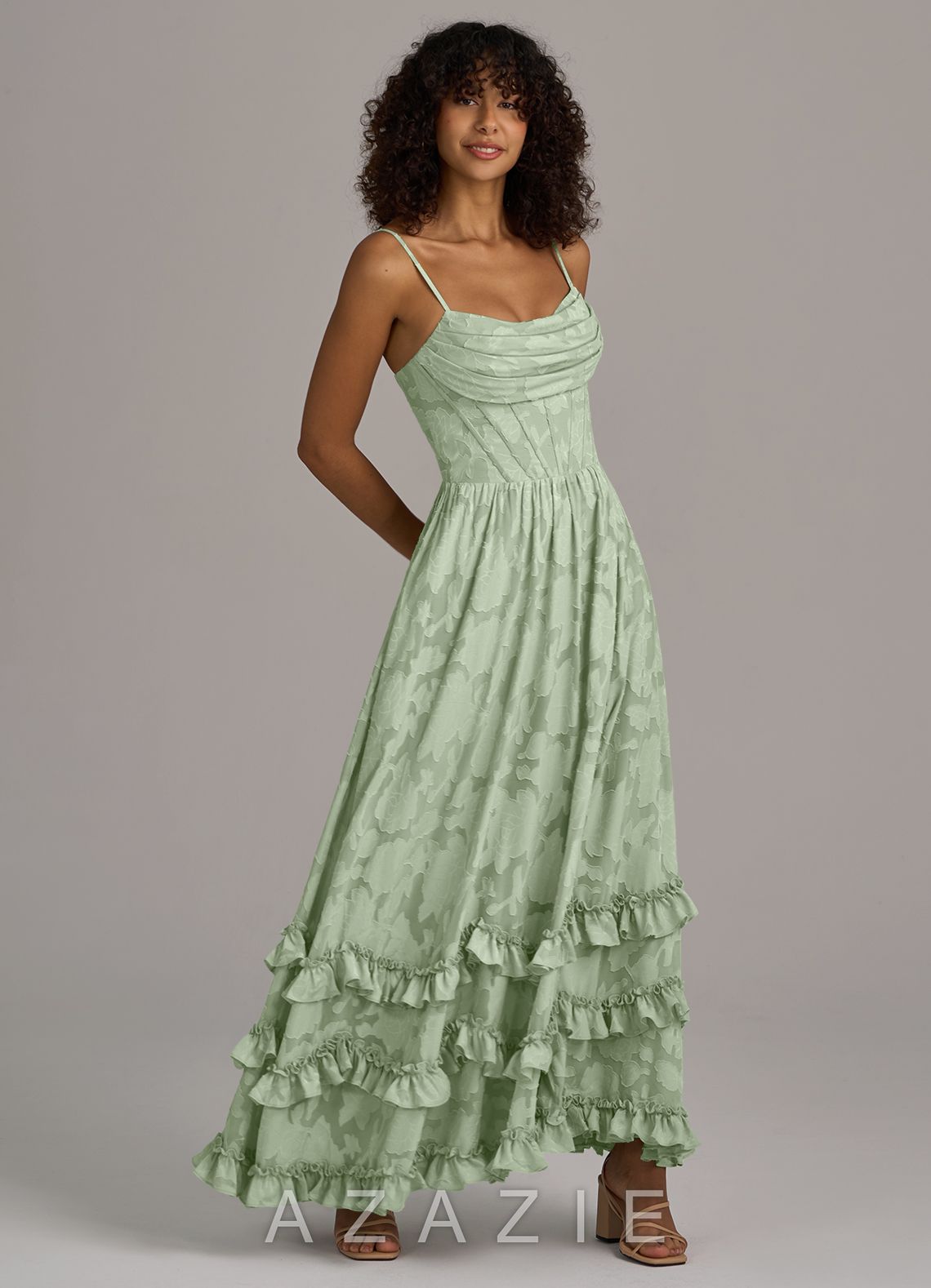 Azazie Lettie Dusty Sage A-Line Corset Floral Burnout Dress dusty_sage